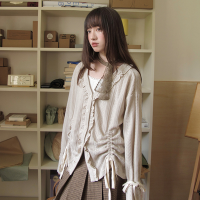 尺尺间Lsland 韩系木耳边抽绳设计感开衫女秋季新款宽松百搭上衣