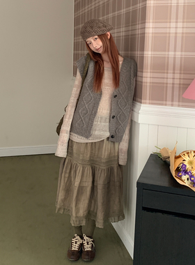 尺尺间Lsland 复古扎染棉麻蕾丝拼接蛋糕半身裙女秋新款宽松中裙