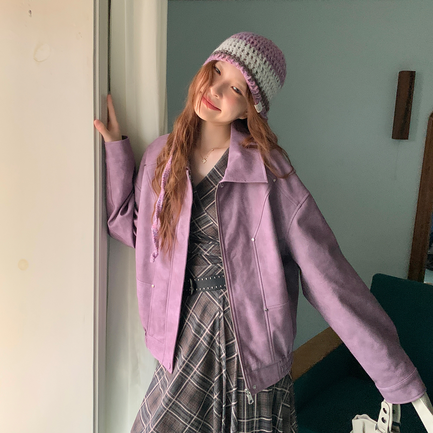 尺尺间Lsland  设计感紫色皮衣外套女秋季新款复古宽松夹克