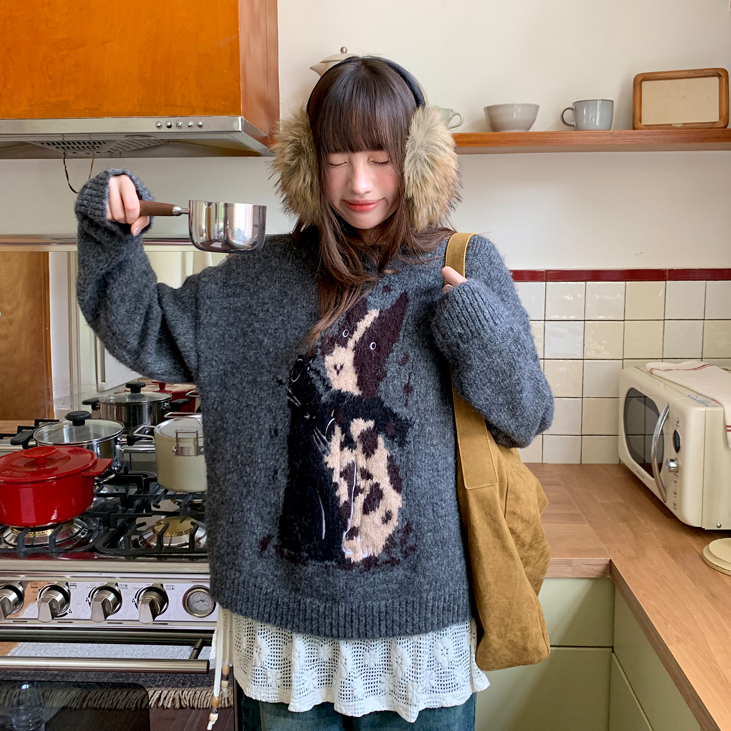 尺尺间Lsland 韩系动物提花套头毛衣女秋冬新款加厚慵懒宽松上衣