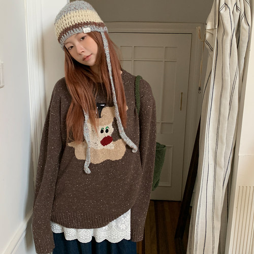 尺尺间Lsland复古针织提花圆领套头毛衣女秋冬新款宽松慵懒上衣