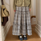 新款 尺尺间Lsland 复古韩系格纹半拼接半身裙女秋季 高腰a字长裙
