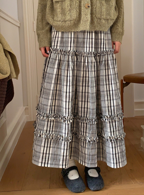 尺尺间Lsland  复古韩系格纹半拼接半身裙女秋季新款高腰a字长裙