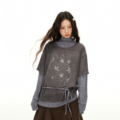 尺尺间Lsland韩系复古烫钻条纹假两件长袖t恤女春秋新款宽松上衣