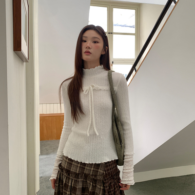 尺尺间Lsland韩系半高领拼接毛针织衫女秋冬新款设计感修身上衣