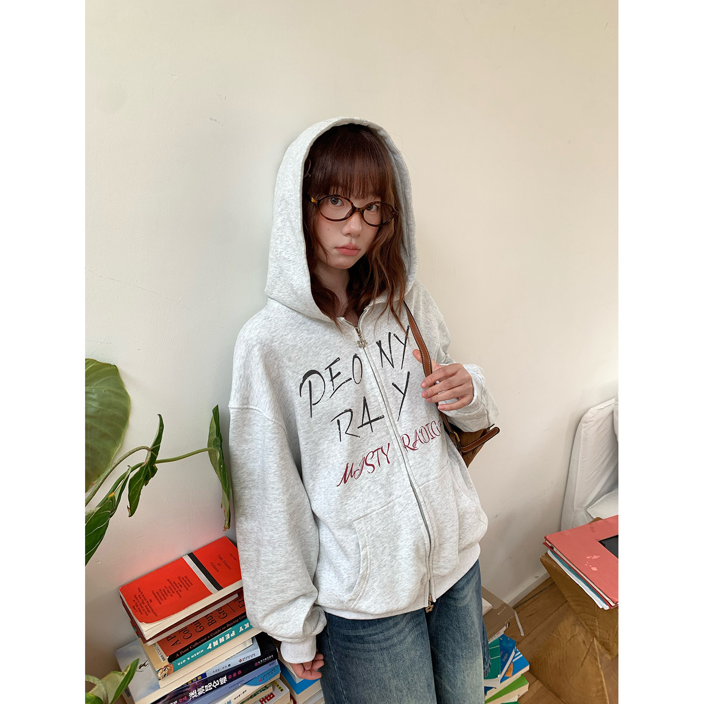 尺尺间Lsland韩系字母印花连帽卫衣开衫女秋新款宽松休闲慵懒外套