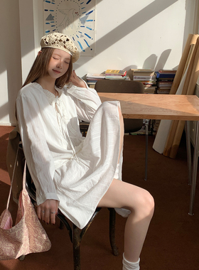 尺尺间Lsland复古花边系带提花长袖连衣裙女秋季新款小众宽松裙子