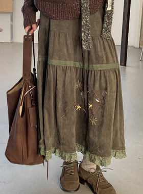 尺尺间Lsland 蕾丝边复古刺绣拼接半身裙女秋季新款宽松大摆长裙