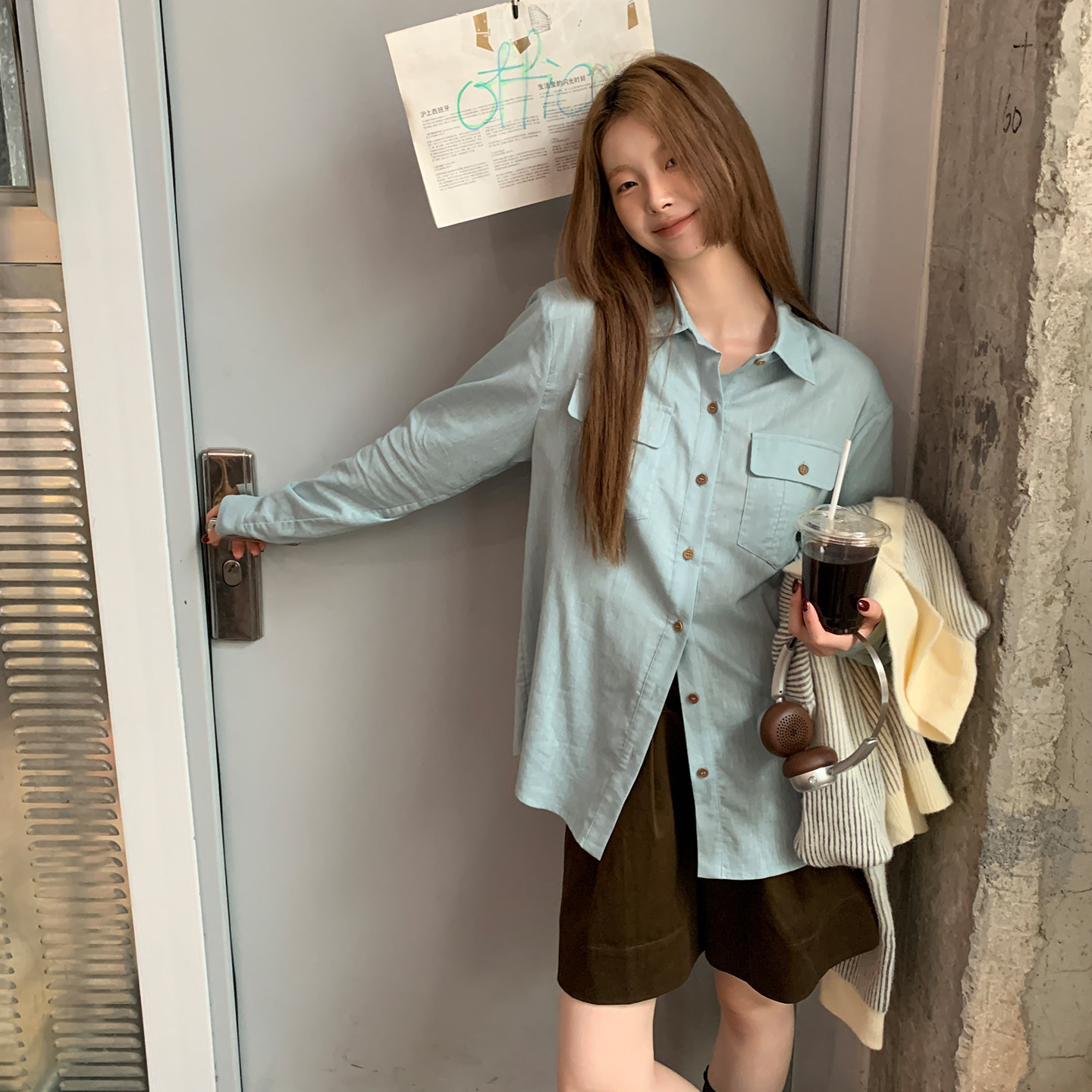 尺尺间Lsland韩系复古双口袋长袖衬衣女秋季新款宽松休闲百搭衬衫