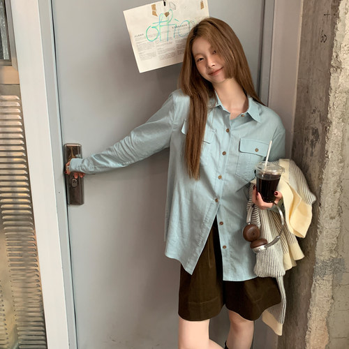 尺尺间Lsland韩系复古双口袋长袖衬衣女秋季新款宽松休闲百搭衬衫