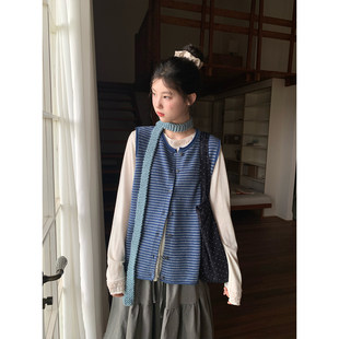 尺尺间Lsland韩系条纹坎肩毛衣背心女秋季新款叠穿宽松马甲上衣