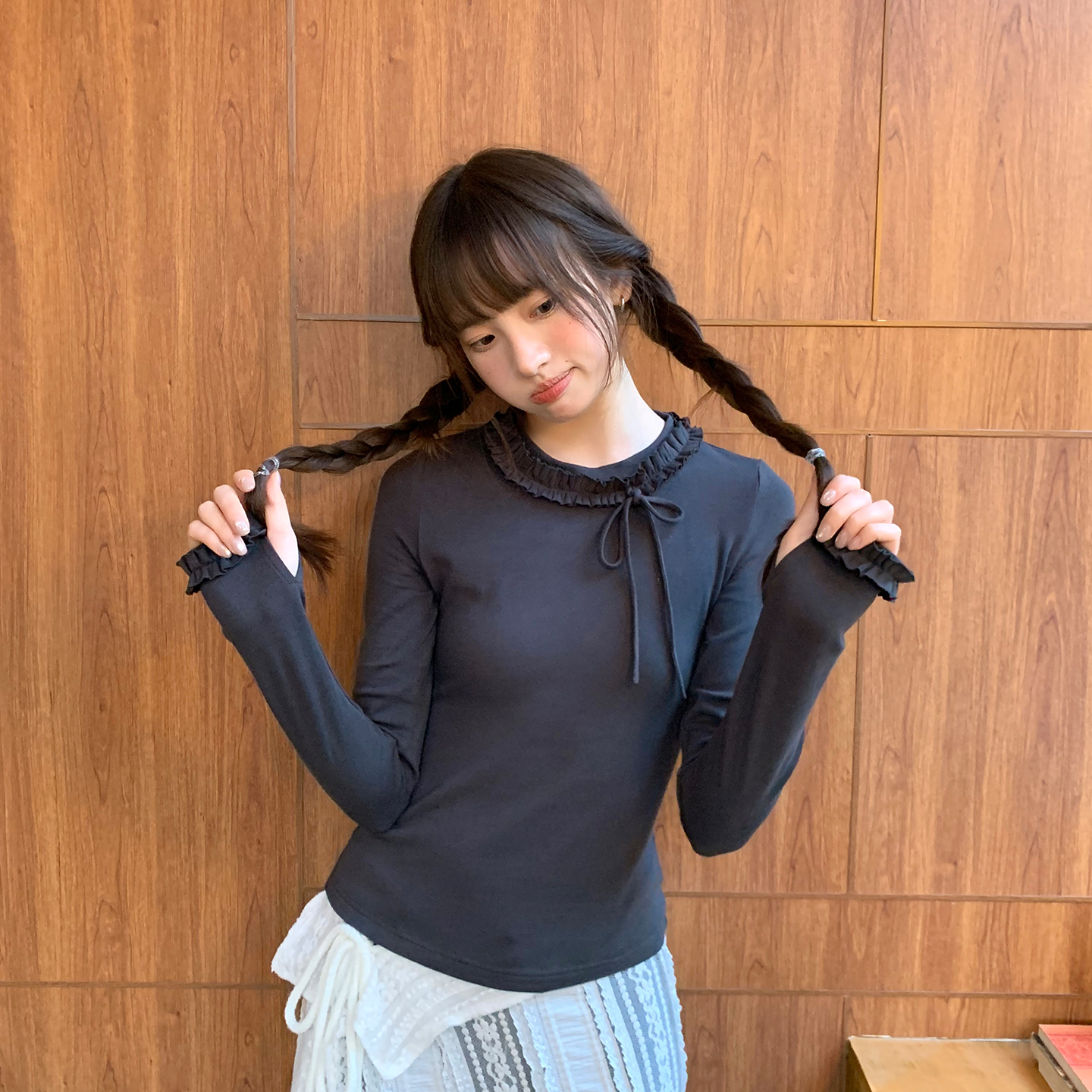 尺尺间Lsland 韩系木耳边设计感长袖t恤女秋季新款修身显瘦上衣