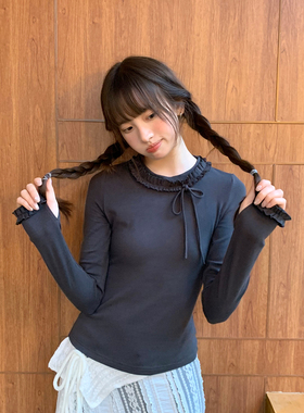 尺尺间Lsland 韩系木耳边设计感长袖t恤女秋季新款修身显瘦上衣