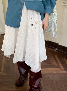 尺尺间Lsland韩系白色不规则设计感半身裙女秋季新款纽扣a字裙子