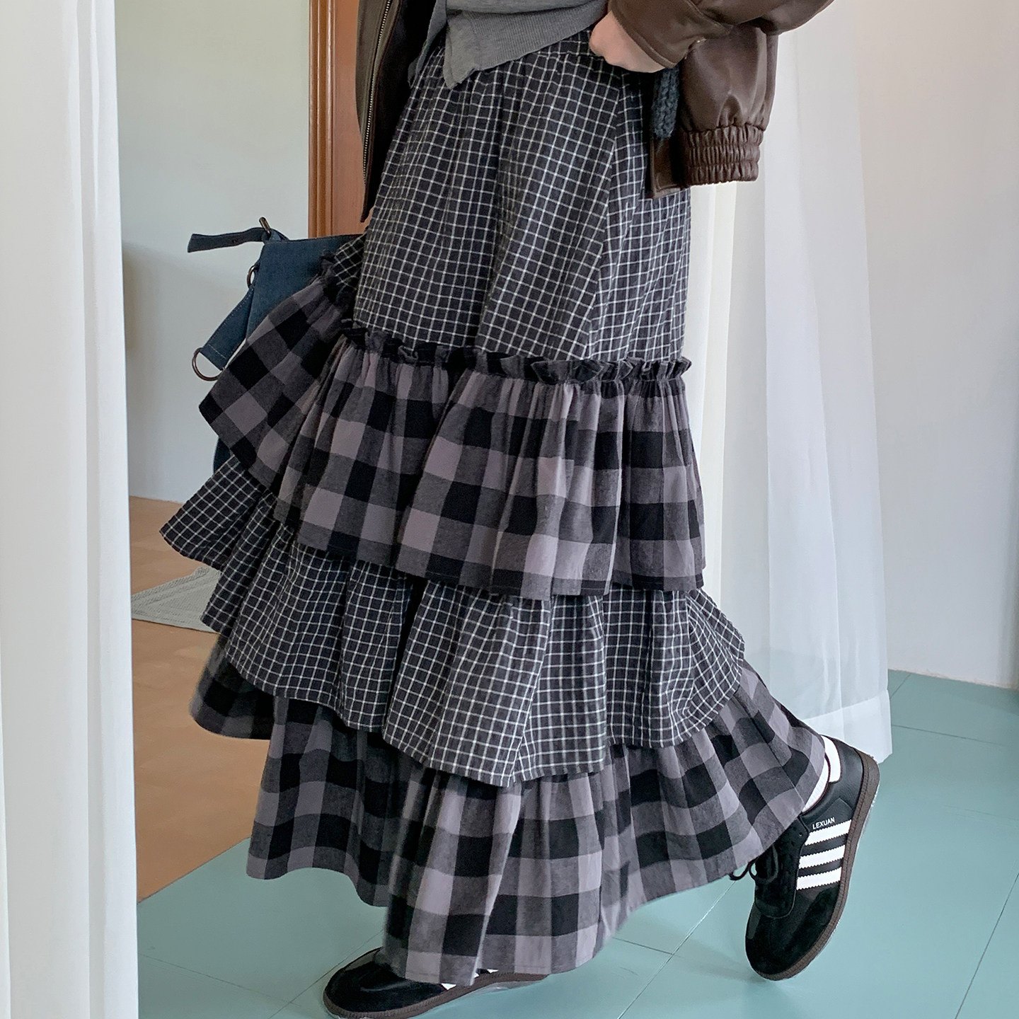 尺尺间Lsland 复古格纹多层拼接蛋糕半身裙女秋季新款设计感长裙