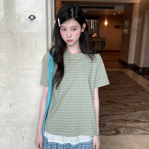 尺尺间Lsland韩系圆领撞色条纹短袖t恤女夏新款宽松休闲百搭上衣