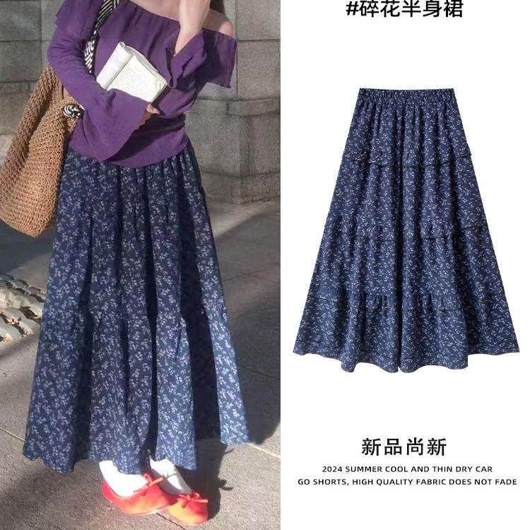 森系复古风碎花半身裙女春秋新款松紧腰显瘦a字裙子中长宽蛋糕裙