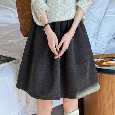 松紧腰休闲百搭毛呢半身裙女秋冬季新款小个子灰色裙高腰A字中裙