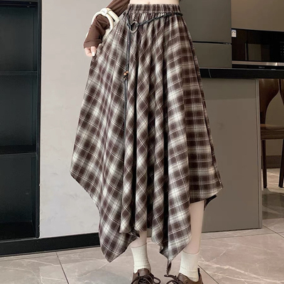 设计感百搭复古格子半身裙女秋季不规则高腰显瘦中长裙时尚A字裙