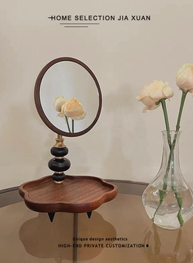 家选复古木质桌面圆形化妆镜可旋转带收纳梳妆台中古风美妆镜ins
