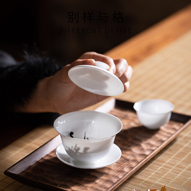 骨瓷超薄胎撇口小盖碗三才茶杯单个高档潮州潮汕茶碗功夫茶具套组
