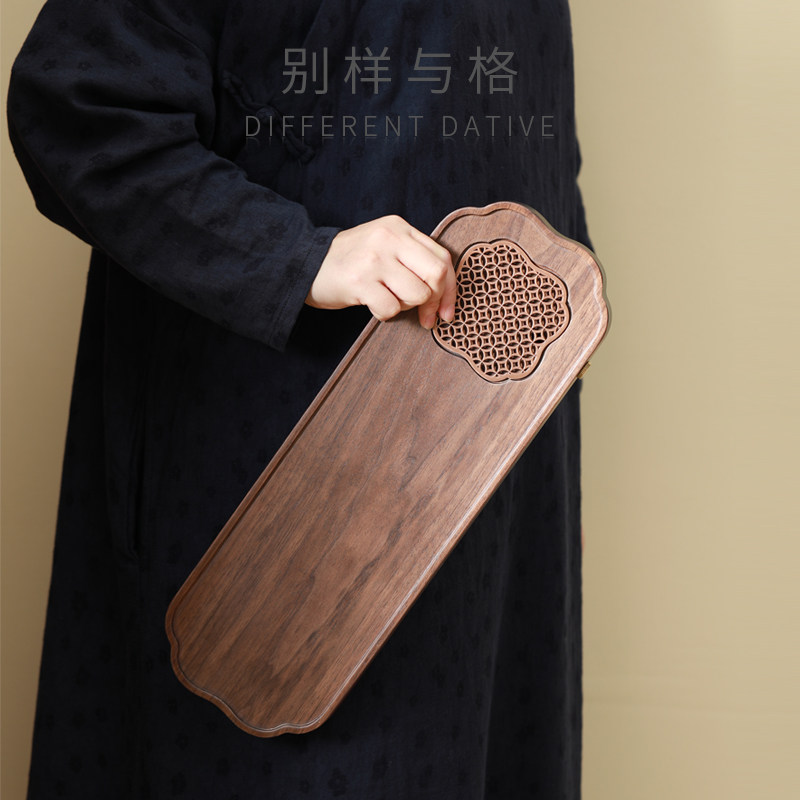 胡桃木茶盘家用功夫茶托盘排水式单人小型干泡台天然整块原木实木