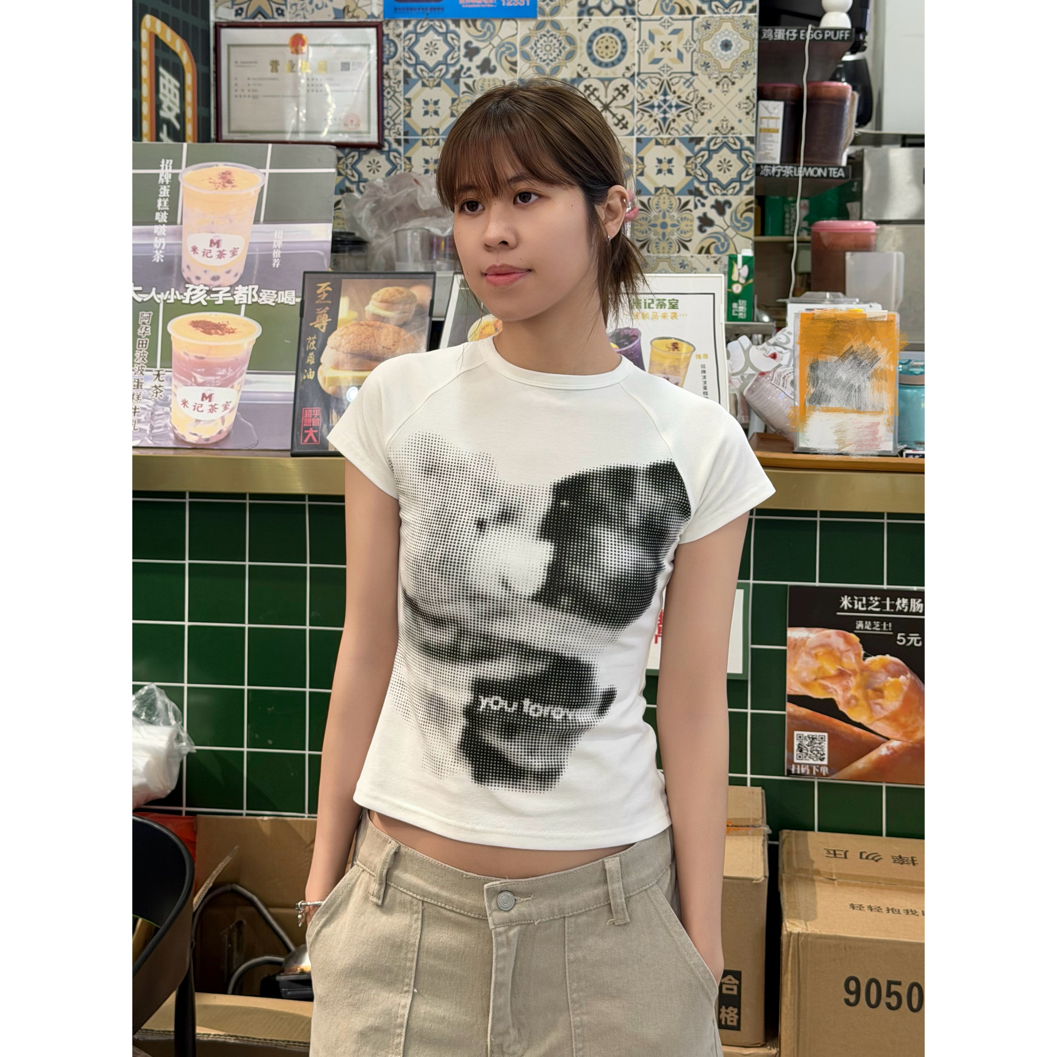 肥阿玛日系美式复古辣妹风印花短袖T恤女修身显瘦圆领上衣夏季