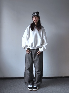 肥阿玛日系美式男女复古做旧灰色弯刀裤阔腿宽松工装裤潮牌长裤