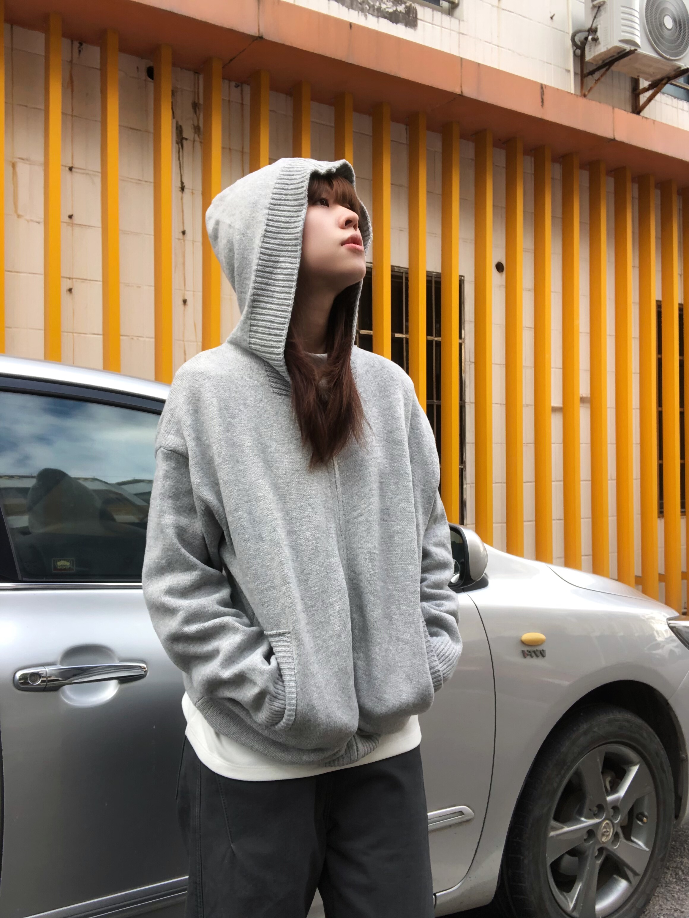 肥阿玛日系韩系慵懒风灰色连帽针织开衫毛衣男女拉链外套叠穿上衣