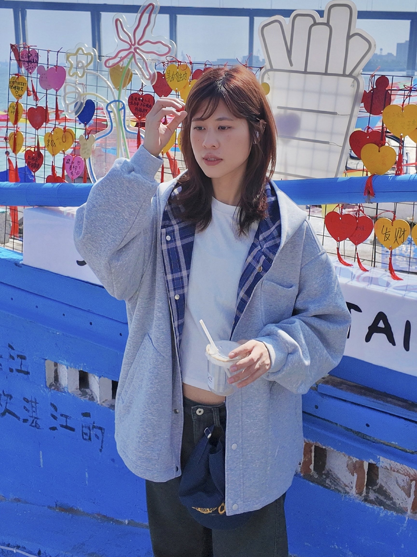 肥阿玛日系中性男女同款秋冬格纹工装连帽灰卫衣宽松休闲外套上衣