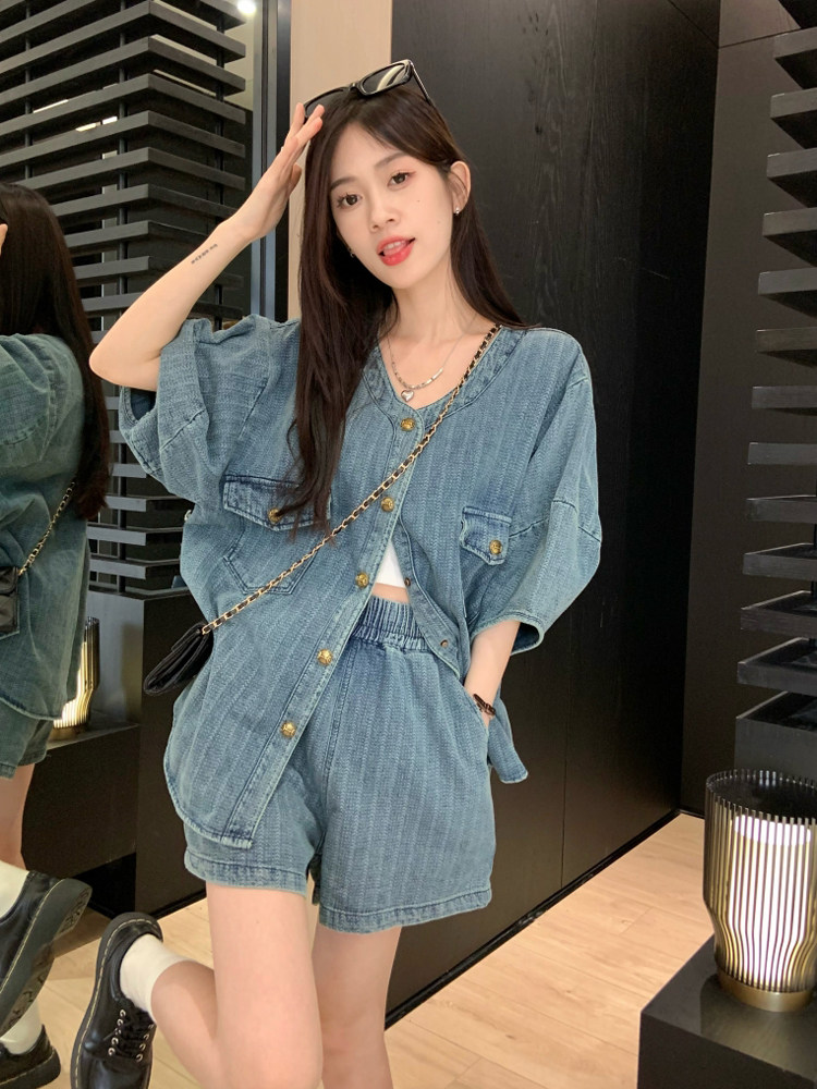 宽松牛仔套装女装短外套上衣夏季学院风纯欲阔腿短裤子时尚两件套