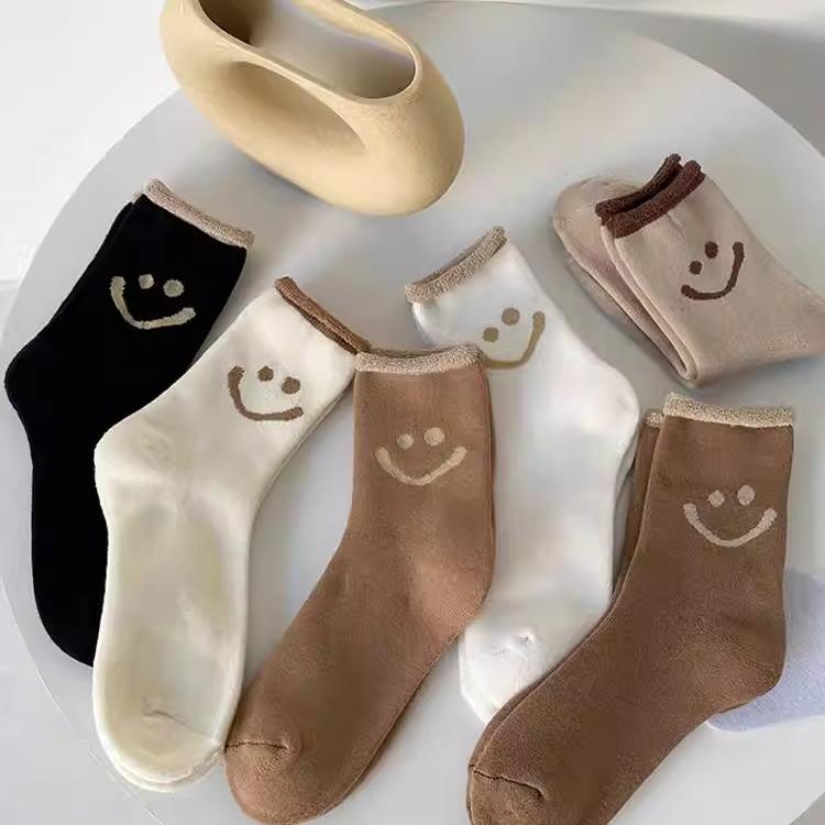 冬季保暖毛圈袜女加绒加厚保暖袜秋冬季中筒女袜笑脸卷边松口棉袜