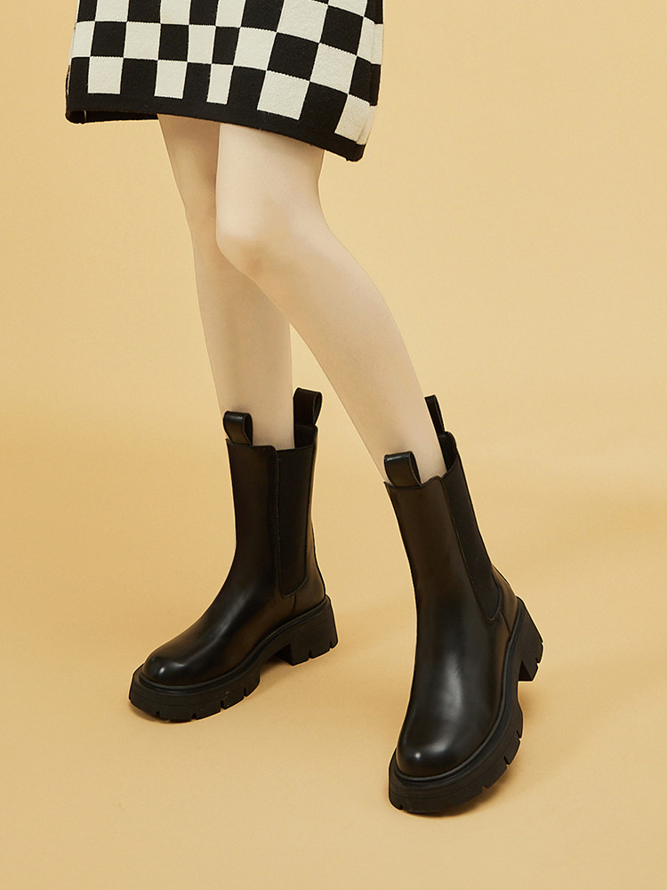 다프네 굴뚝 부츠 여성용 두꺼운 밑창 첼시 부츠 겨울 플러스 벨벳 소형 미드 송아지 부츠 2024 새로운 마틴 부츠