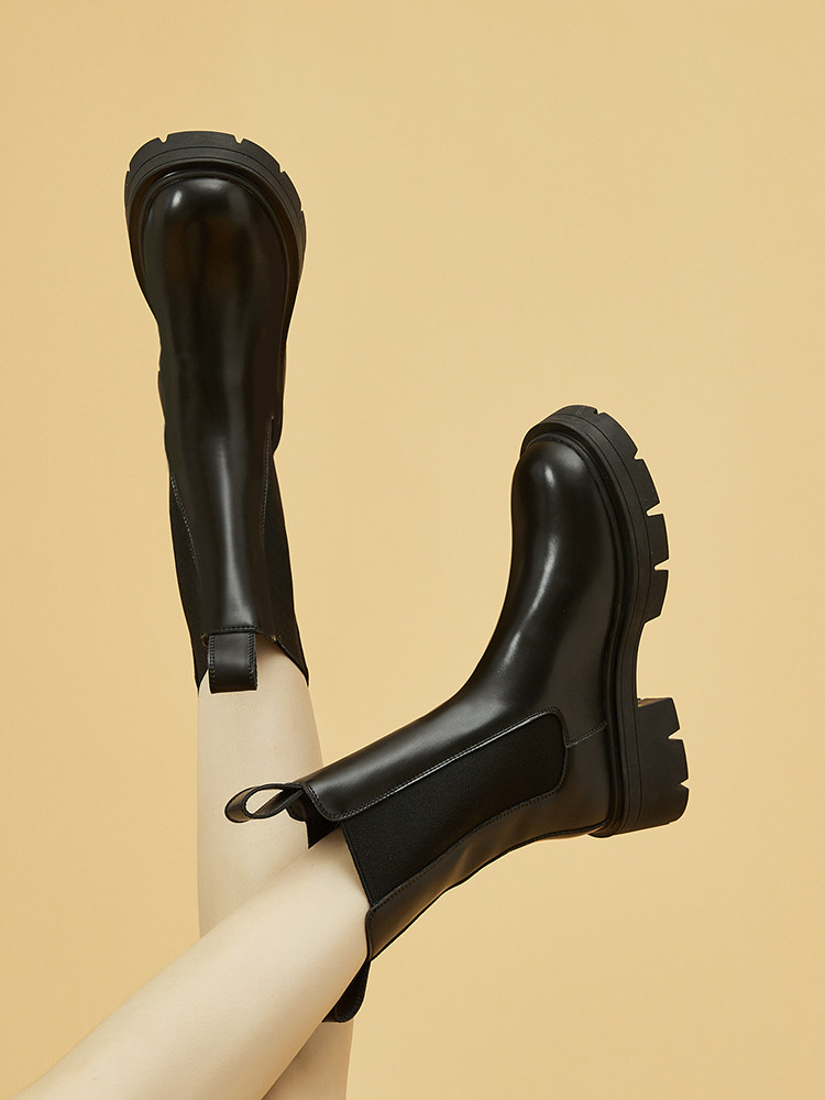 다프네 굴뚝 부츠 여성용 두꺼운 밑창 첼시 부츠 겨울 플러스 벨벳 소형 미드 송아지 부츠 2024 새로운 마틴 부츠