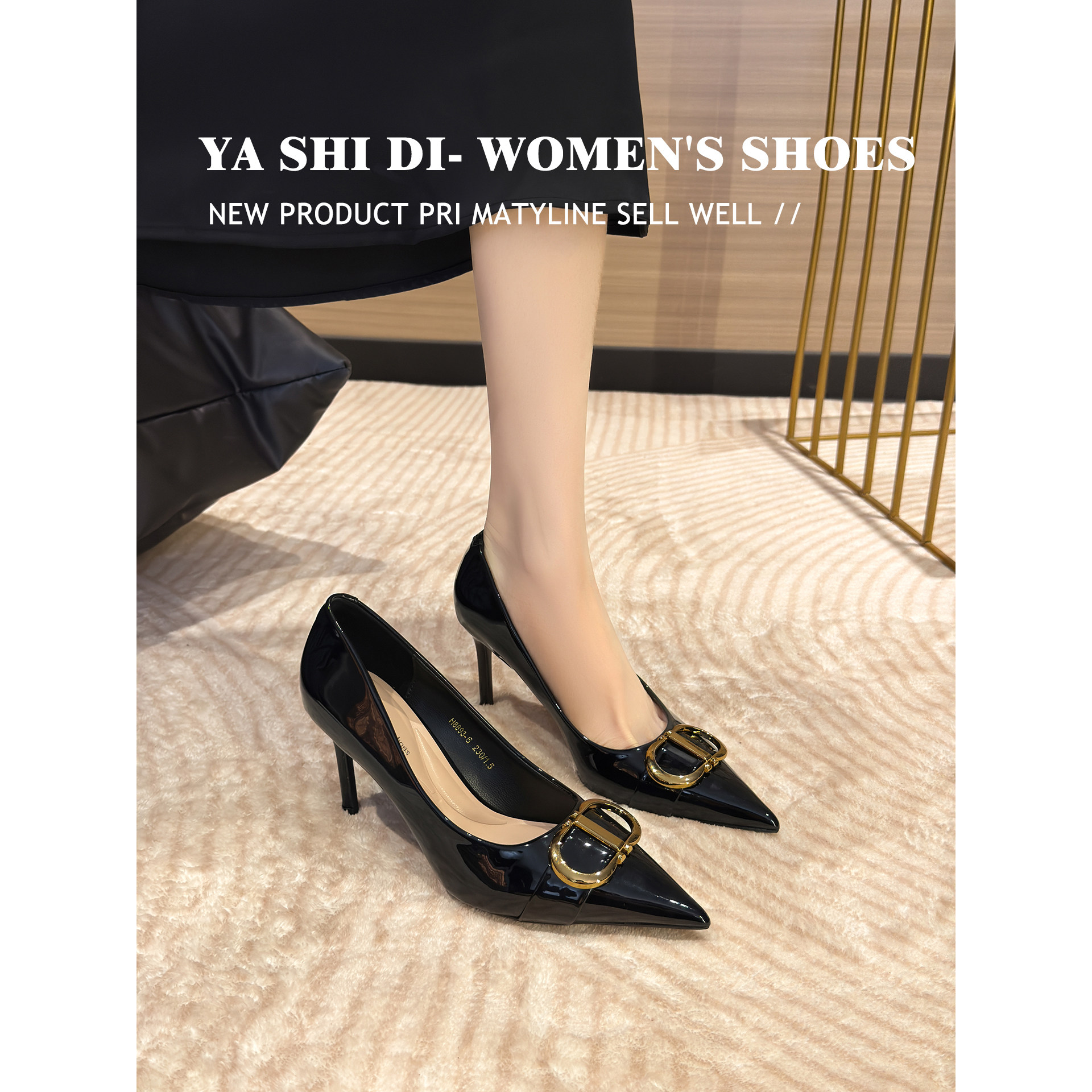 黑色漆皮尖头高跟鞋女细跟绝美不累脚少女金属扣气质名媛风单鞋女