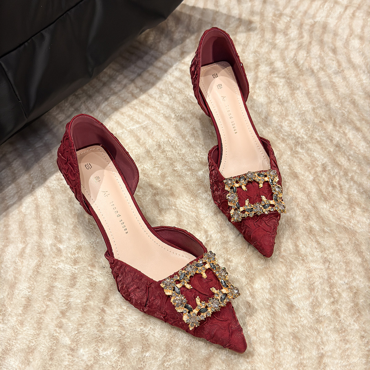 红色高跟鞋女婚鞋新娘鞋平时可穿绝美法式方扣法式高跟鞋轻奢高级