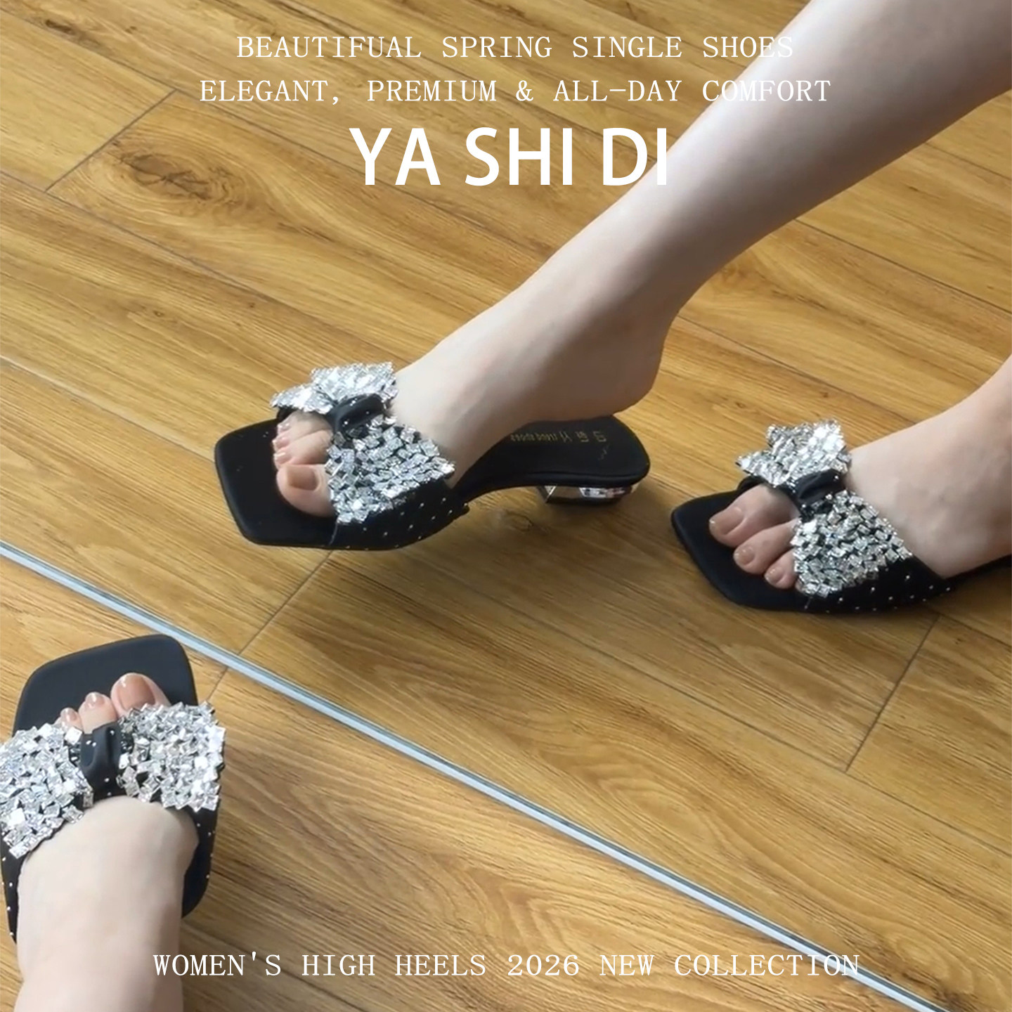 羊皮！黑色凉鞋女夏季平底外穿高级感蝴蝶结法式水钻凉拖鞋平底女