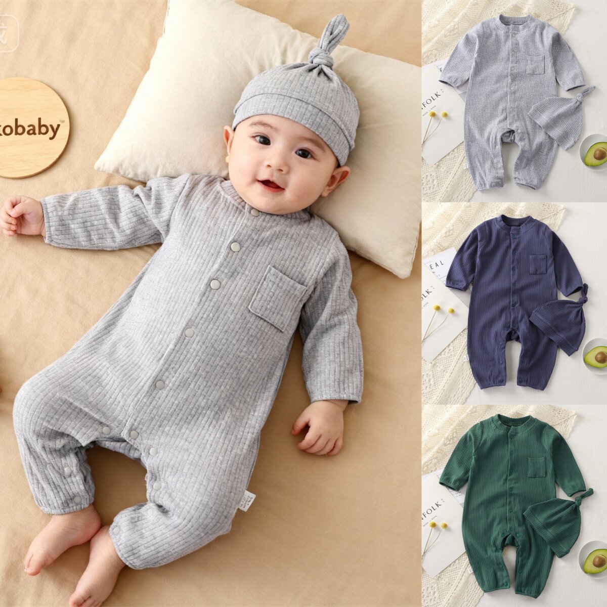 KIKOBABY婴幼儿连体服奶瓶帽婴童坑条家居男宝宝棉质睡衣空调服