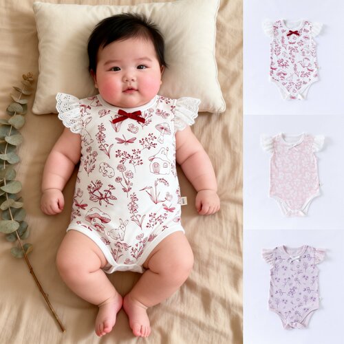 KIKOBABY婴儿夏季女宝宝包屁衣女童花边蕾丝袖口婴儿外出短爬哈衣