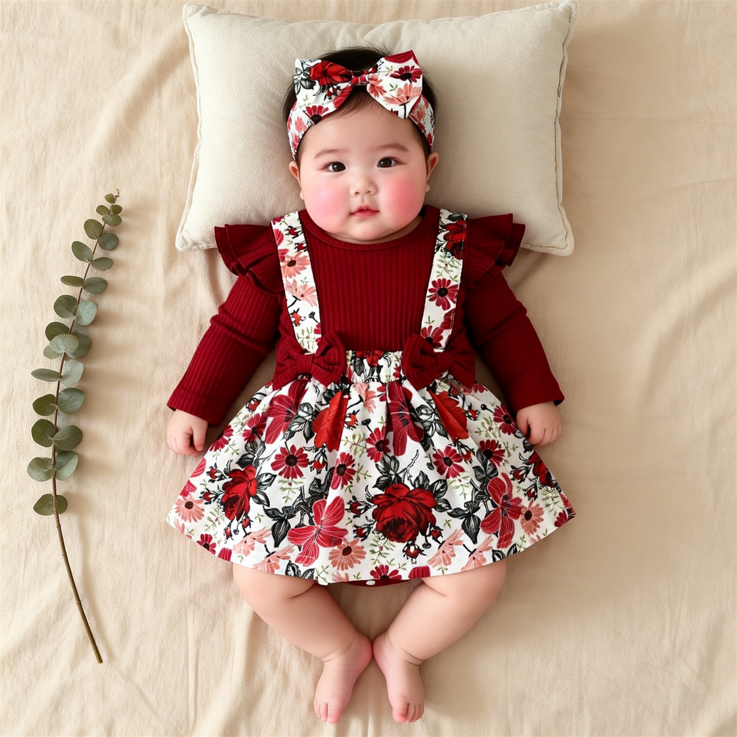 KIKOBABY婴儿裙子假背带裙婴儿公主裙婴儿衣服酒红女宝宝百日宴