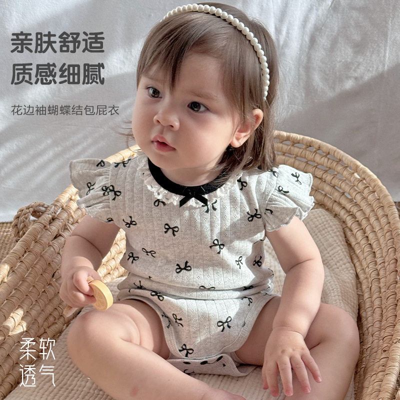 KIKOBABY女婴童夏装纯棉花边袖口包屁衣女宝宝a类蝴蝶结哈衣爬服