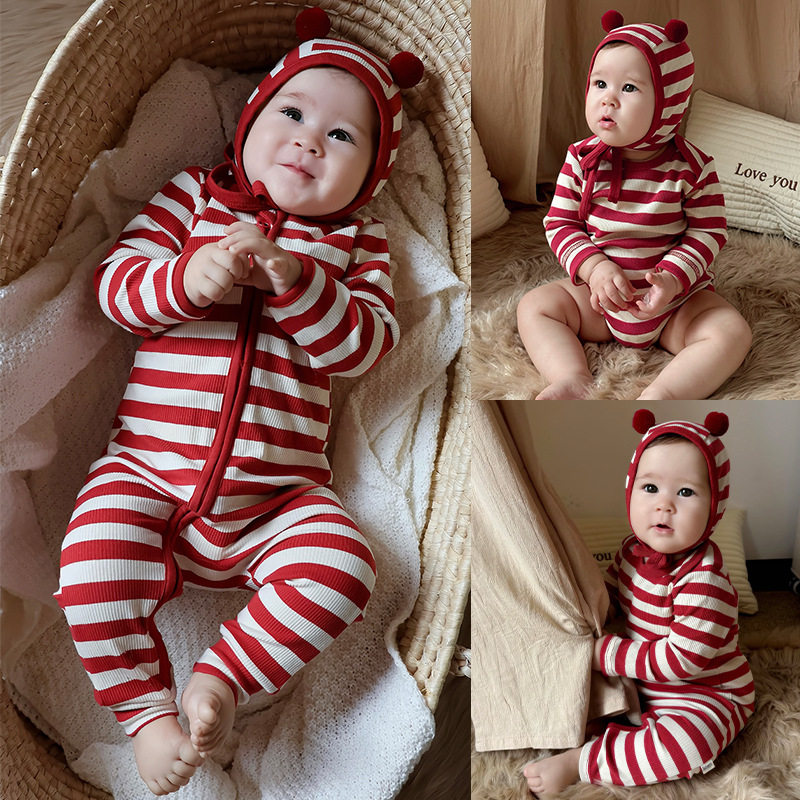 KIKOBABY婴儿拉链连体衣纯棉衣服男女宝宝条纹哈衣外出服
