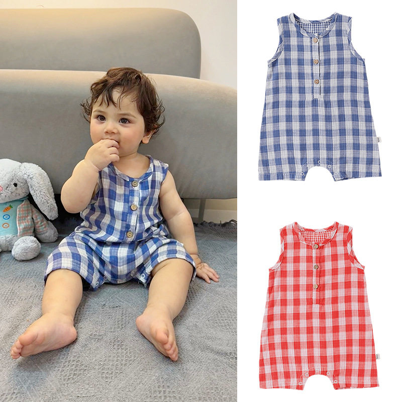 KIKOBABY婴幼儿夏季无袖爬服男女宝宝纯棉宽松连体衣格子短爬外贸