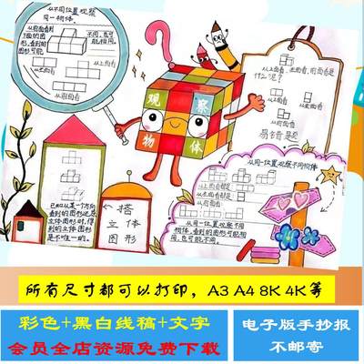 观察物体思维导图人教版小学数学四年级下册数学电子版手抄报模板