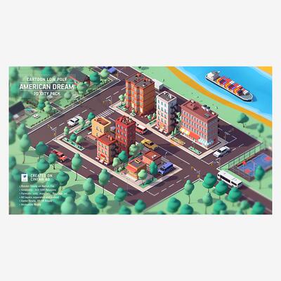 低多边形卡通楼房汽车街道场景C4D/3DMAX模型maya犀牛素材blender