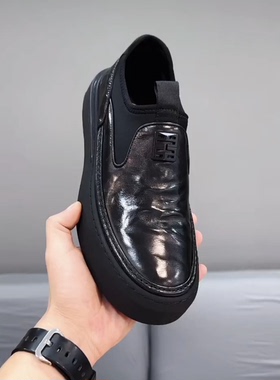 80195-早秋商务时尚百搭休闲手抓皮低帮松紧一脚蹬男士圆头层牛皮