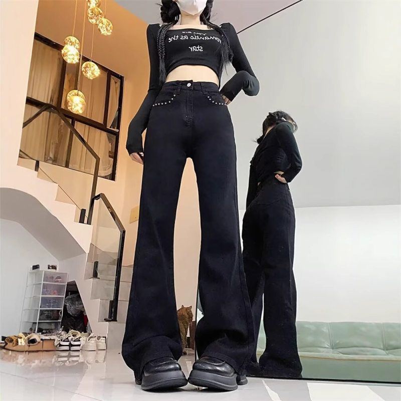 黑色弹力直筒牛仔裤女2025早春新款爆款高腰宽松显瘦窄版烟管裤子