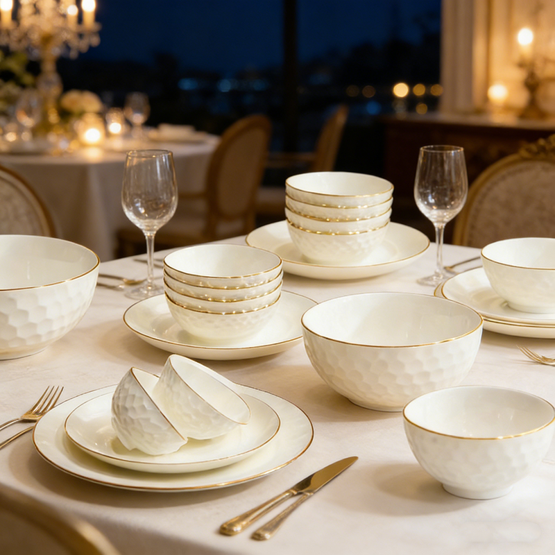 景德镇餐具高档轻奢釉下彩酒店碗碟套装家用骨瓷碗盘纯白金边碗筷