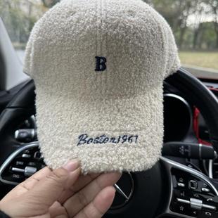 保暖防寒鸭舌帽韩国代购 3.1现货韩版 字母B羊羔毛棒球帽秋冬时尚