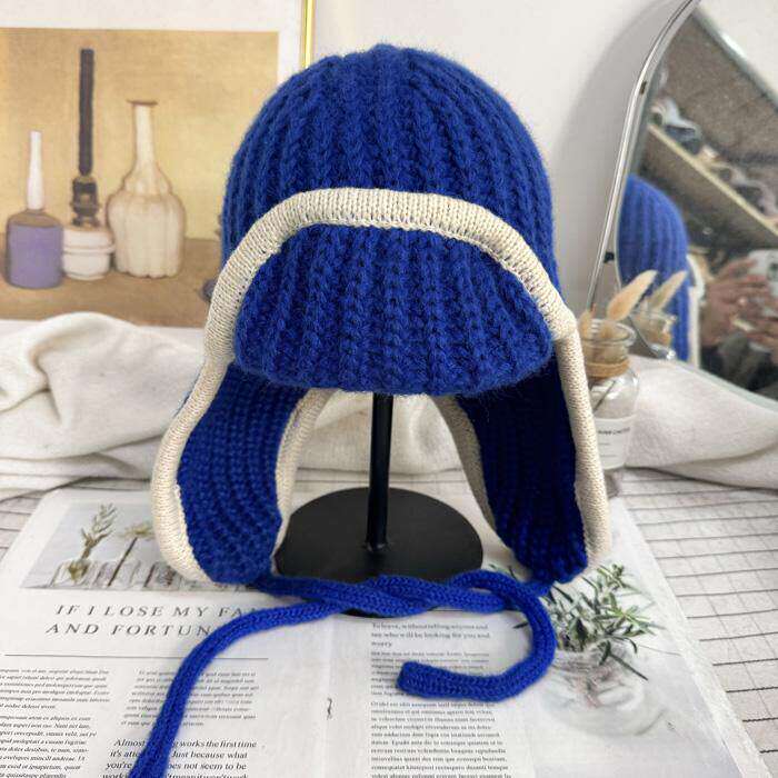 12.10现货秋冬毛线护耳帽韩版小清新拼色系带保暖防寒帽韩国代购